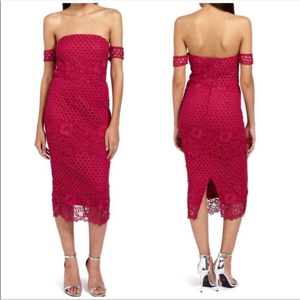 Misguided Off the Shoulder Midi Magenta Dress
